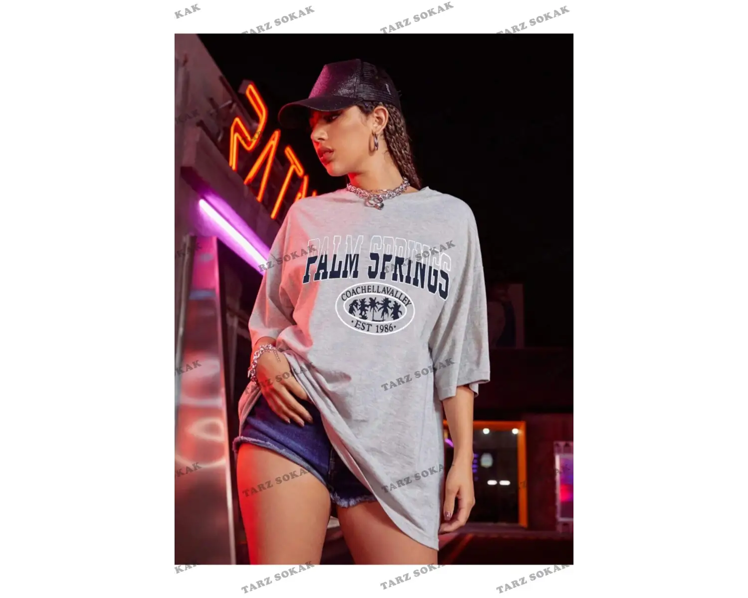 Kadın Palm Springs Siyah Baskılı Oversize