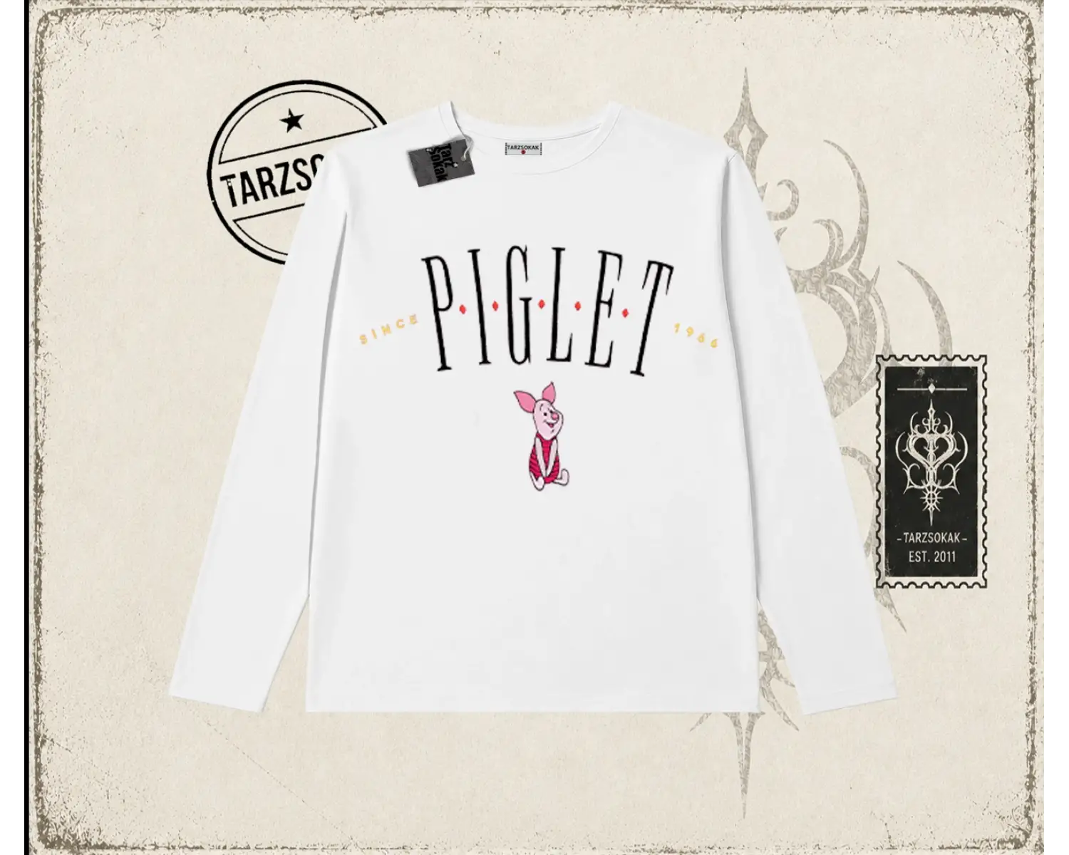Kadın Piglet Since 1966 Biskilet Yaka  Long Sleeve Beyaz