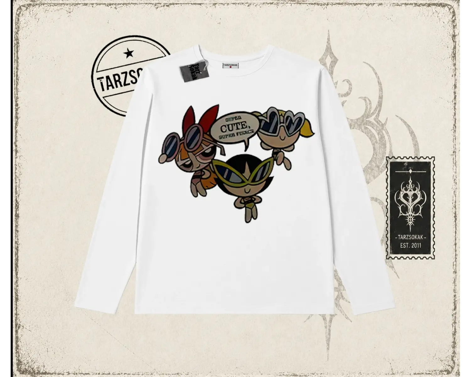 Kadın Powerpuff Girls Super Cutes Biskilet Yaka  Long Sleeve Beyaz