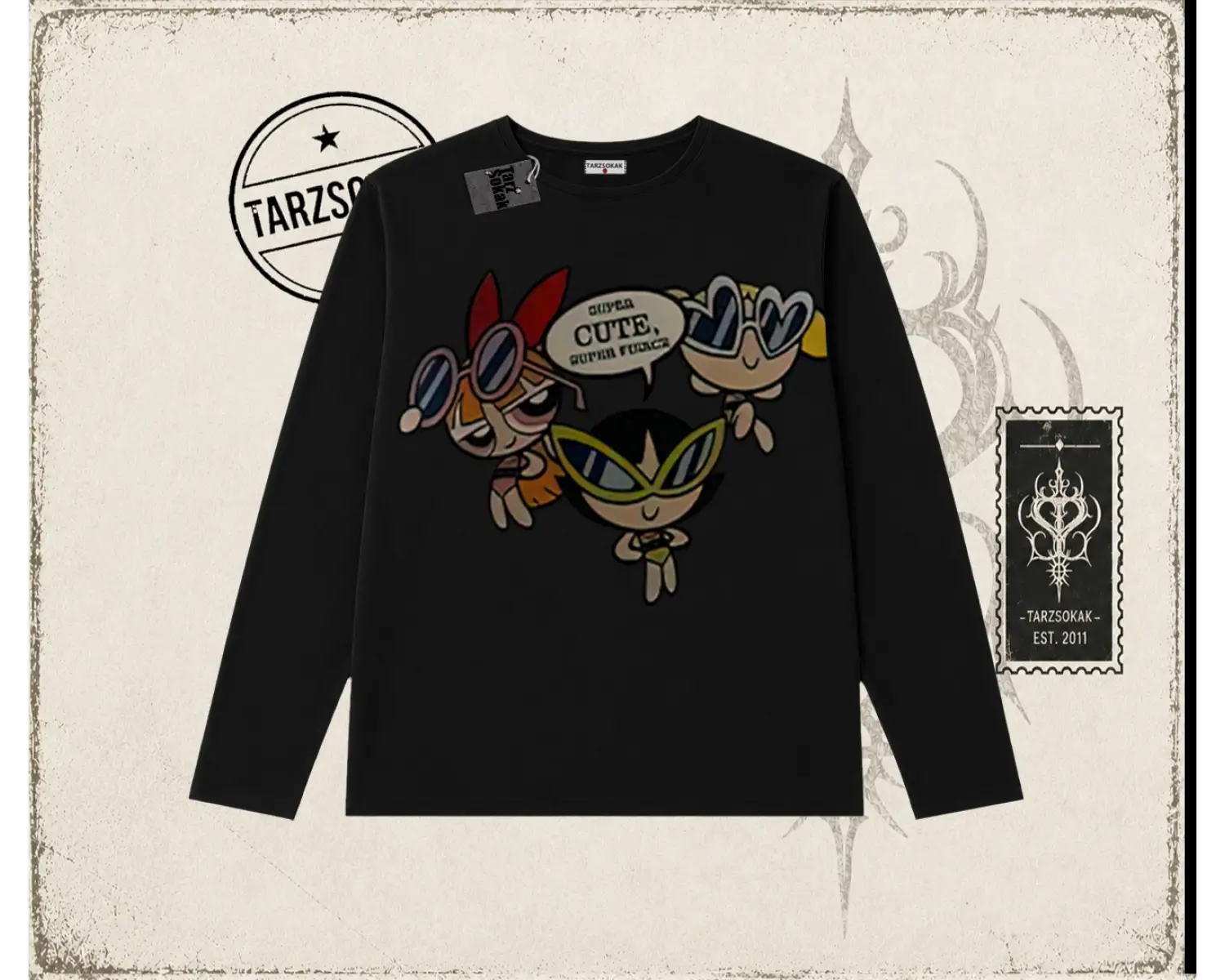 Kadın Powerpuff Girls Super Cutes Biskilet Yaka  Long Sleeve Beyaz