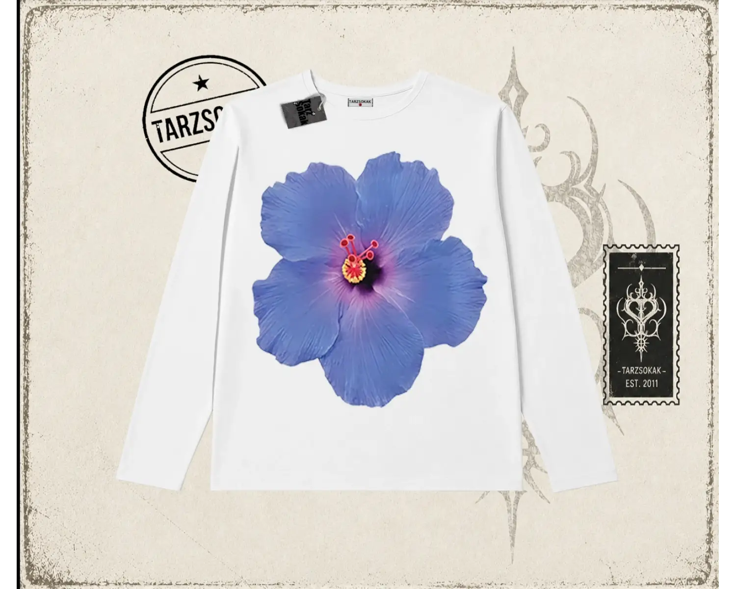 Kadın Purple Hibiscus Biskilet Yaka  Long Sleeve Beyaz