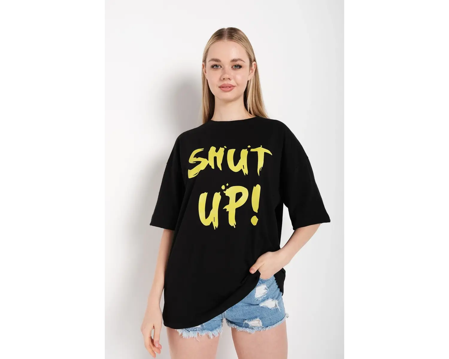 Kadın Shut Up Beyaz Baskılı Oversize Tshırt