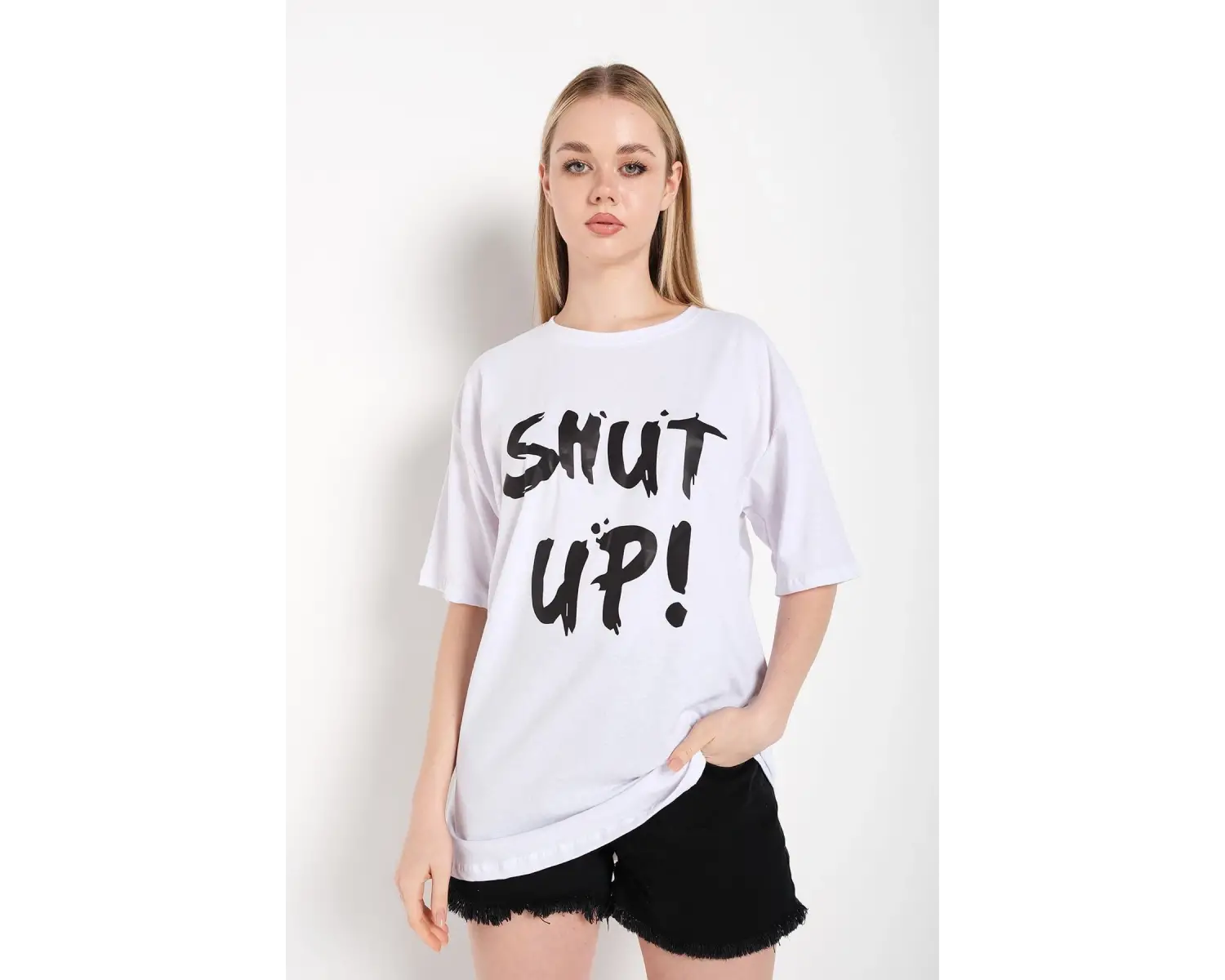 Kadın Shut Up Beyaz Baskılı Oversize Tshırt