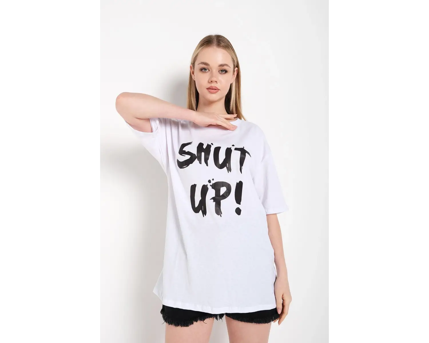Kadın Shut Up Beyaz Baskılı Oversize Tshırt