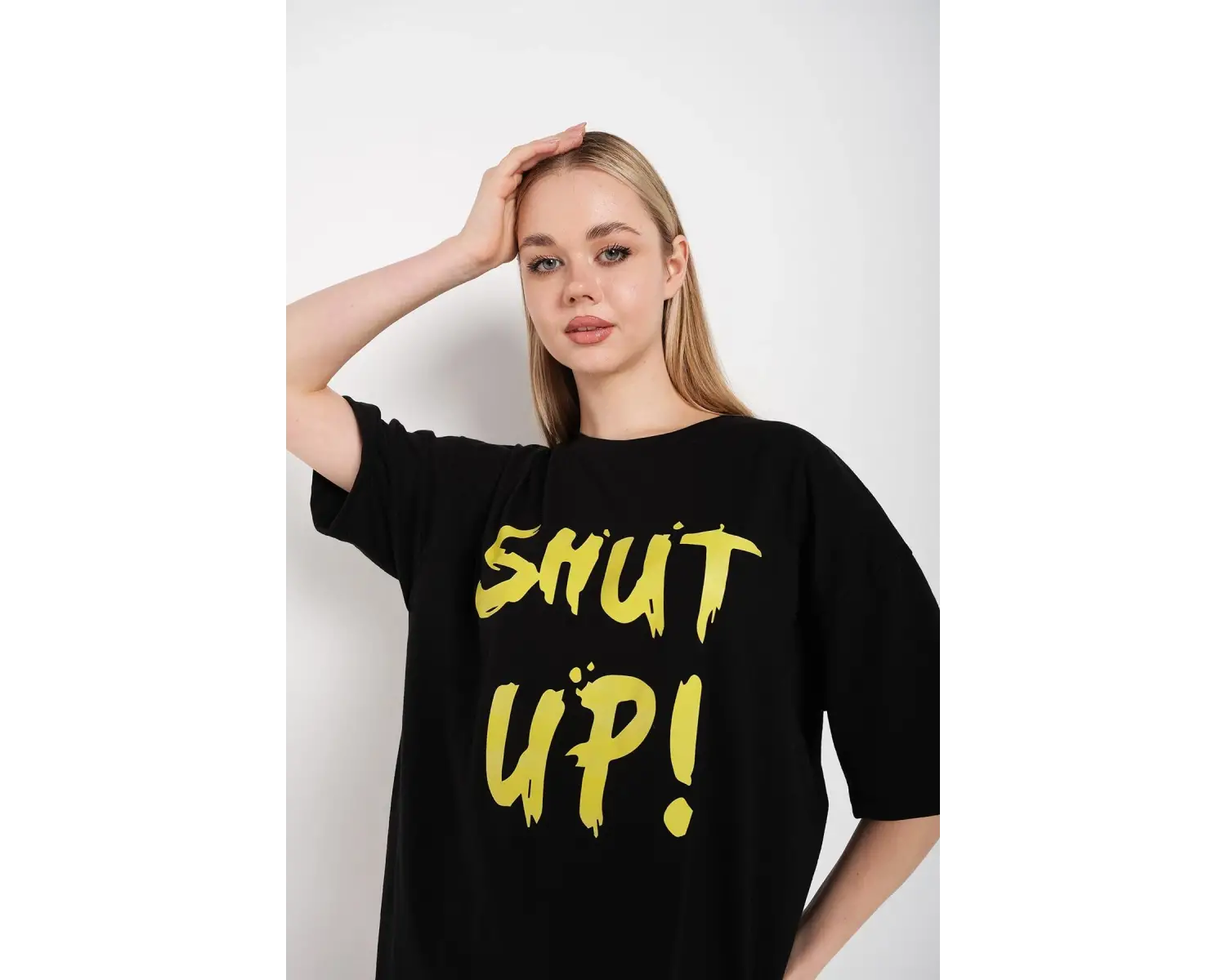 Kadın Shut Up Beyaz Baskılı Oversize Tshırt