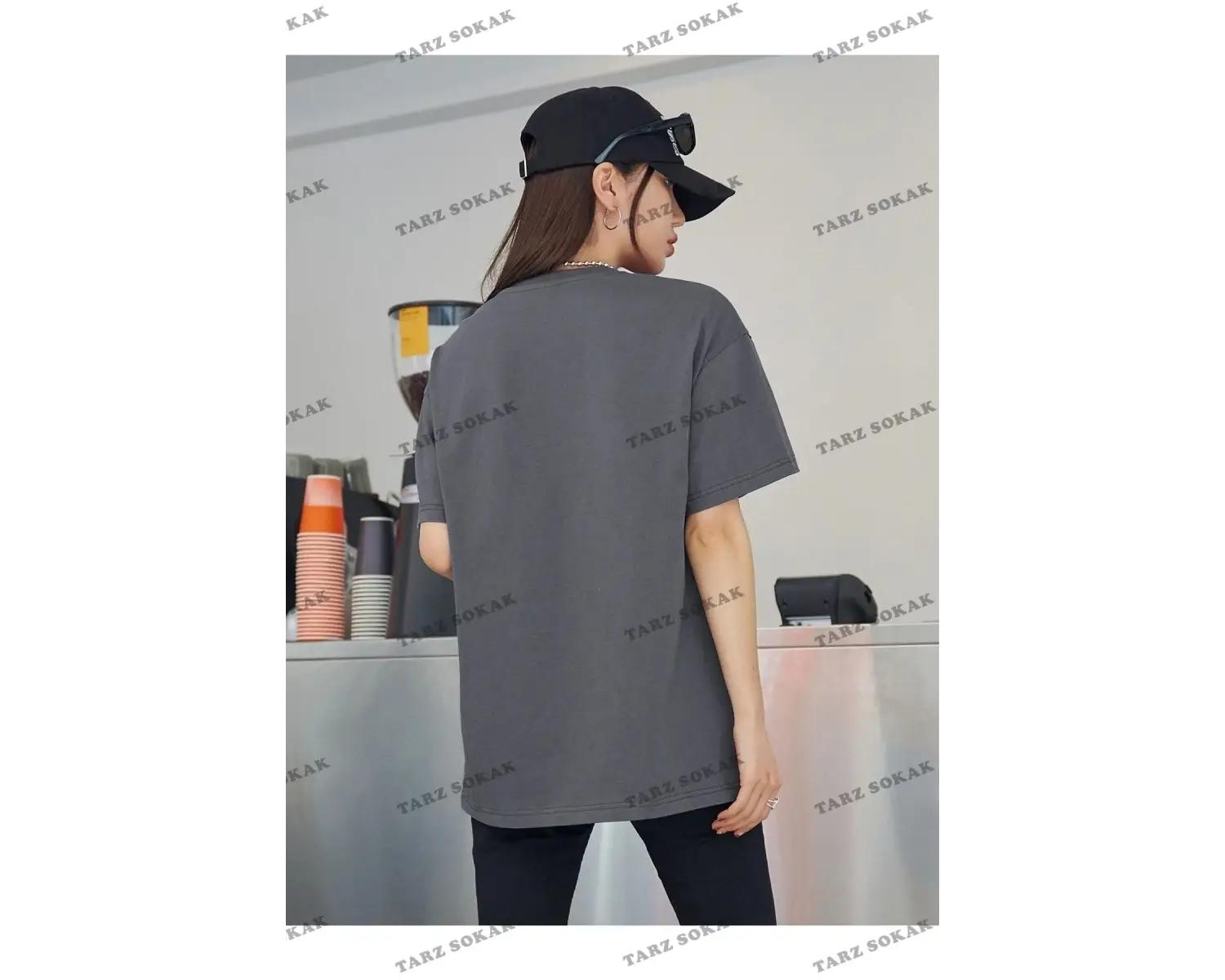 Kadın Siyah Airplane Baskılı Oversize