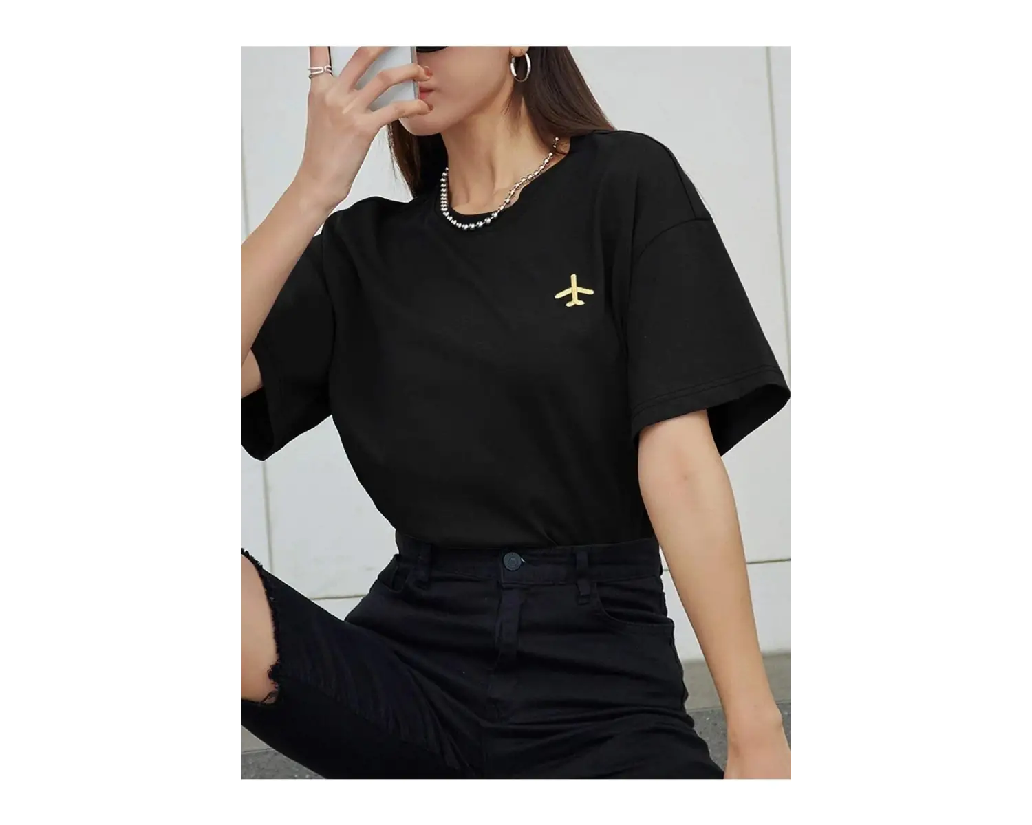 Kadın Siyah Airplane Baskılı Oversize T-shirt