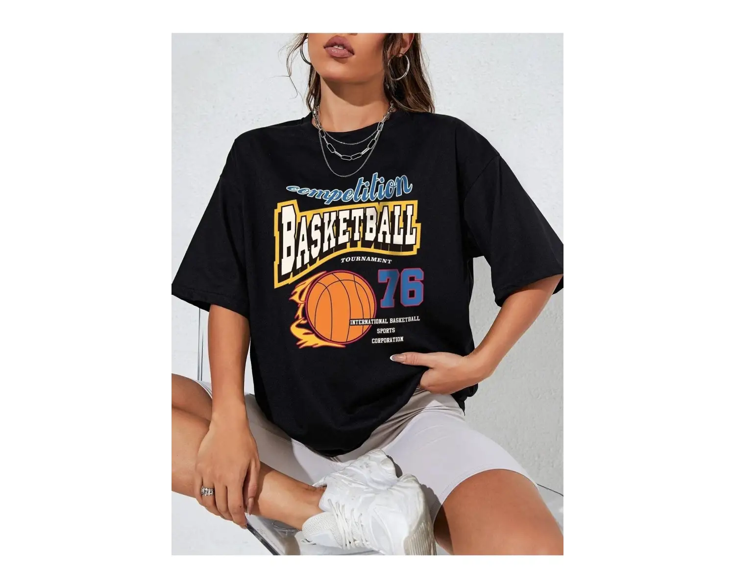 Kadın Siyah Basketball Tournament Baskılı Oversize Tişört