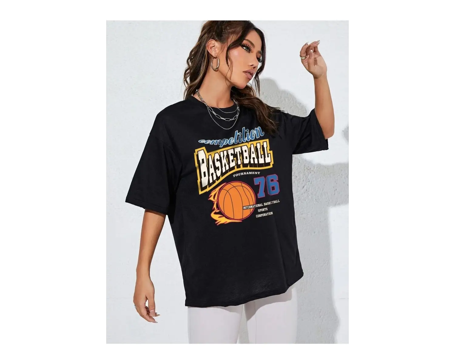 Kadın Siyah Basketball Tournament Baskılı Oversize Tişört