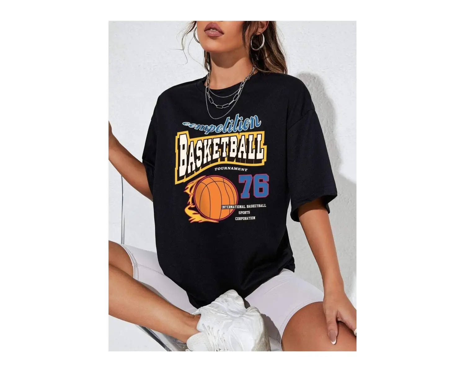 Kadın Siyah Basketball Tournament Baskılı Oversize Tişört