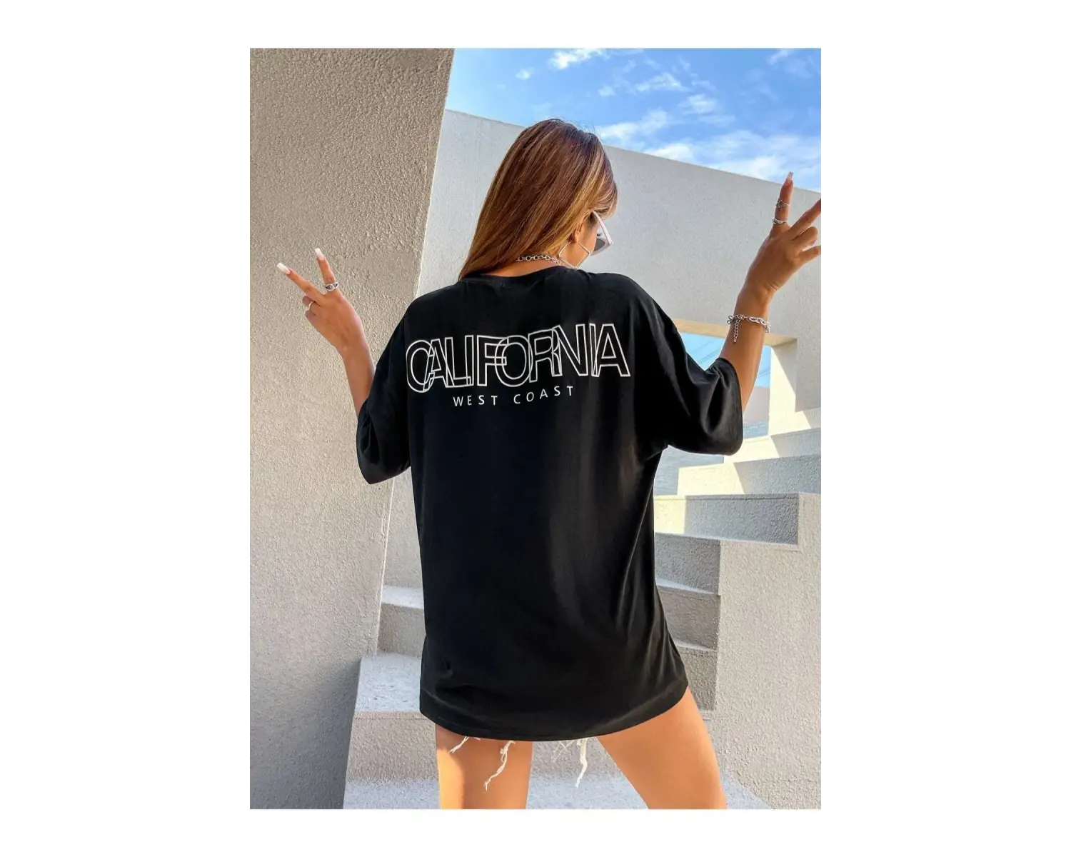 Kadın Siyah Calıfornıa West Coats Baskılı Oversize Bisiklet Yaka Tshirt