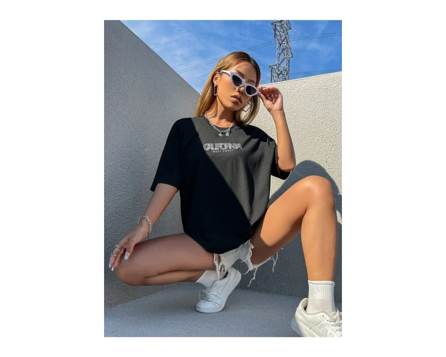 Kadın Siyah Calıfornıa West Coats Baskılı Oversize Bisiklet Yaka Tshirt