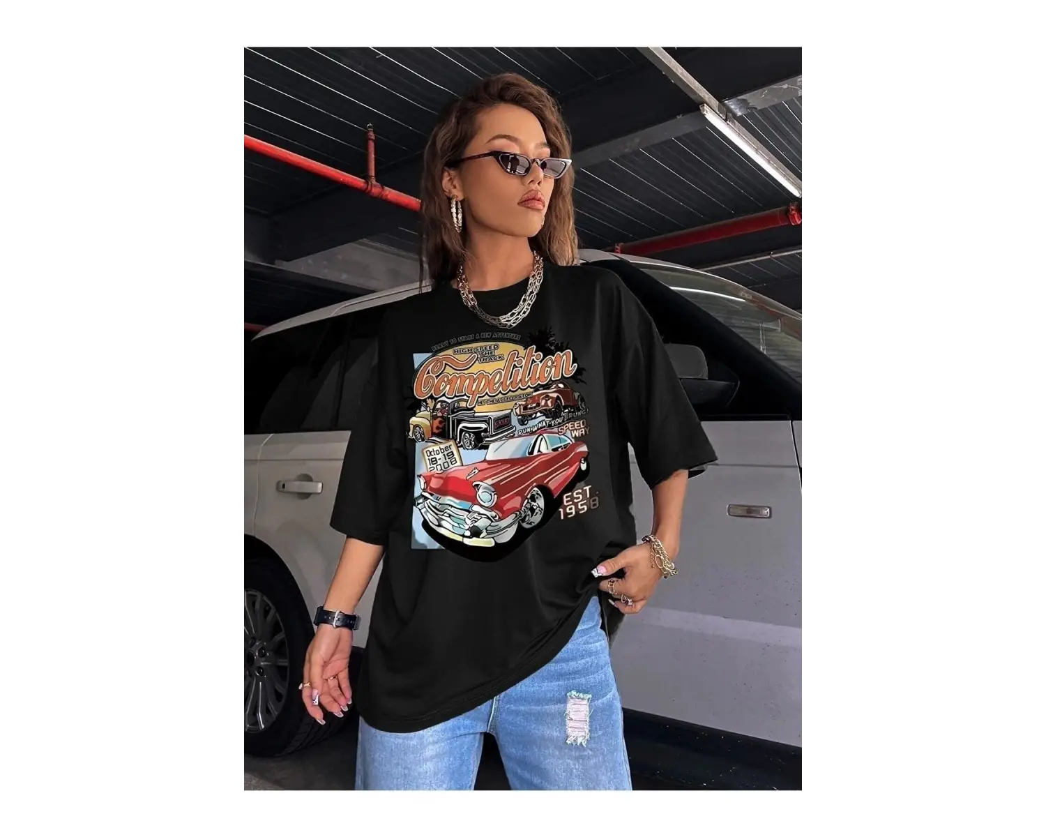 Kadın Siyah Compeltition Baskılı Oversize T-shirt