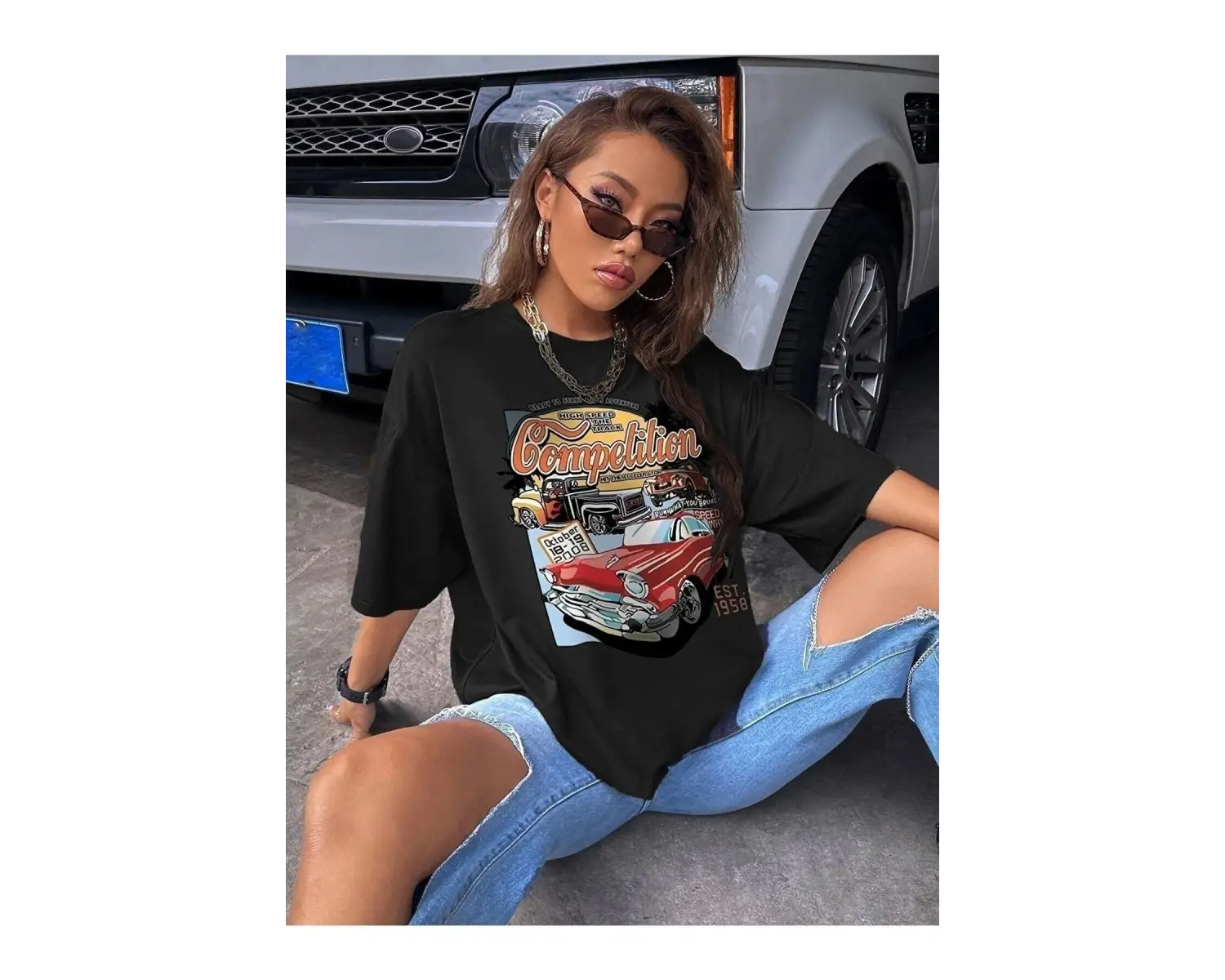 Kadın Siyah Compeltition Baskılı Oversize T-shirt