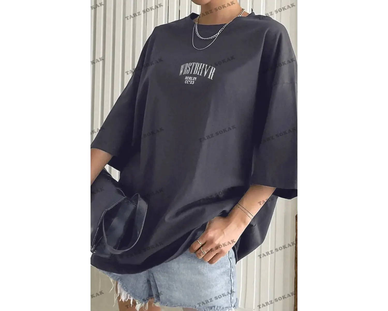 Kadın Siyah Dont Baskılı Oversize