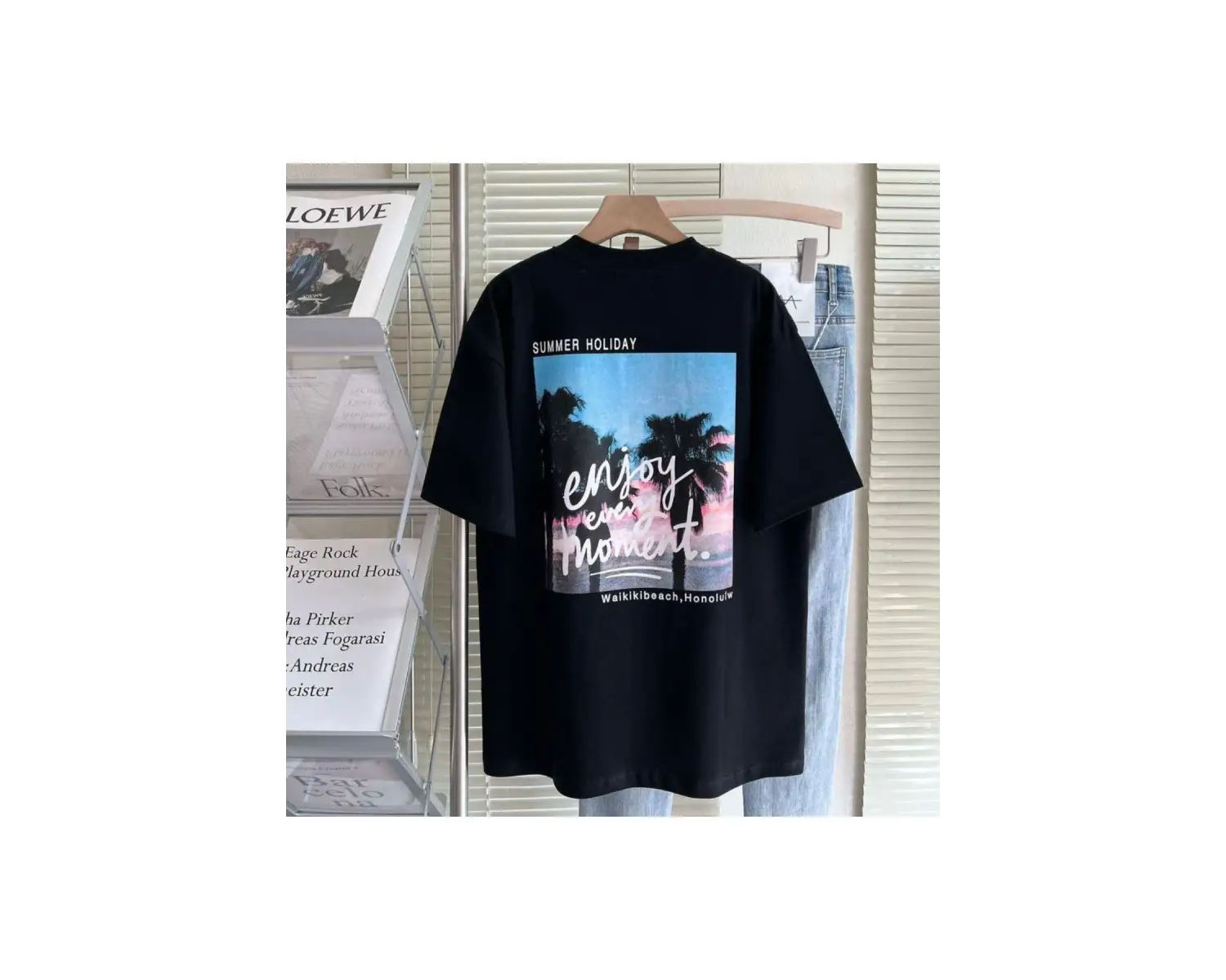 Kadın Siyah Enjoy Every Moment Baskılı Oversize Bisiklet Yaka Tshirt