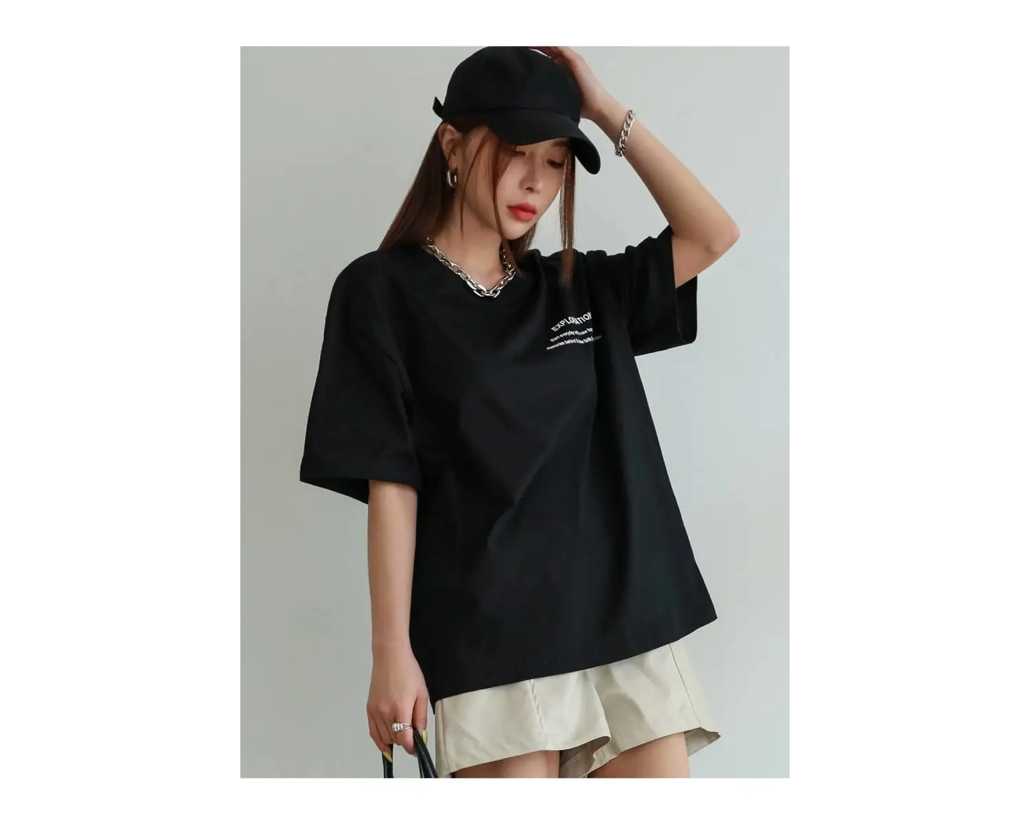 Kadın Siyah Exploration Baskılı Oversize Tişört