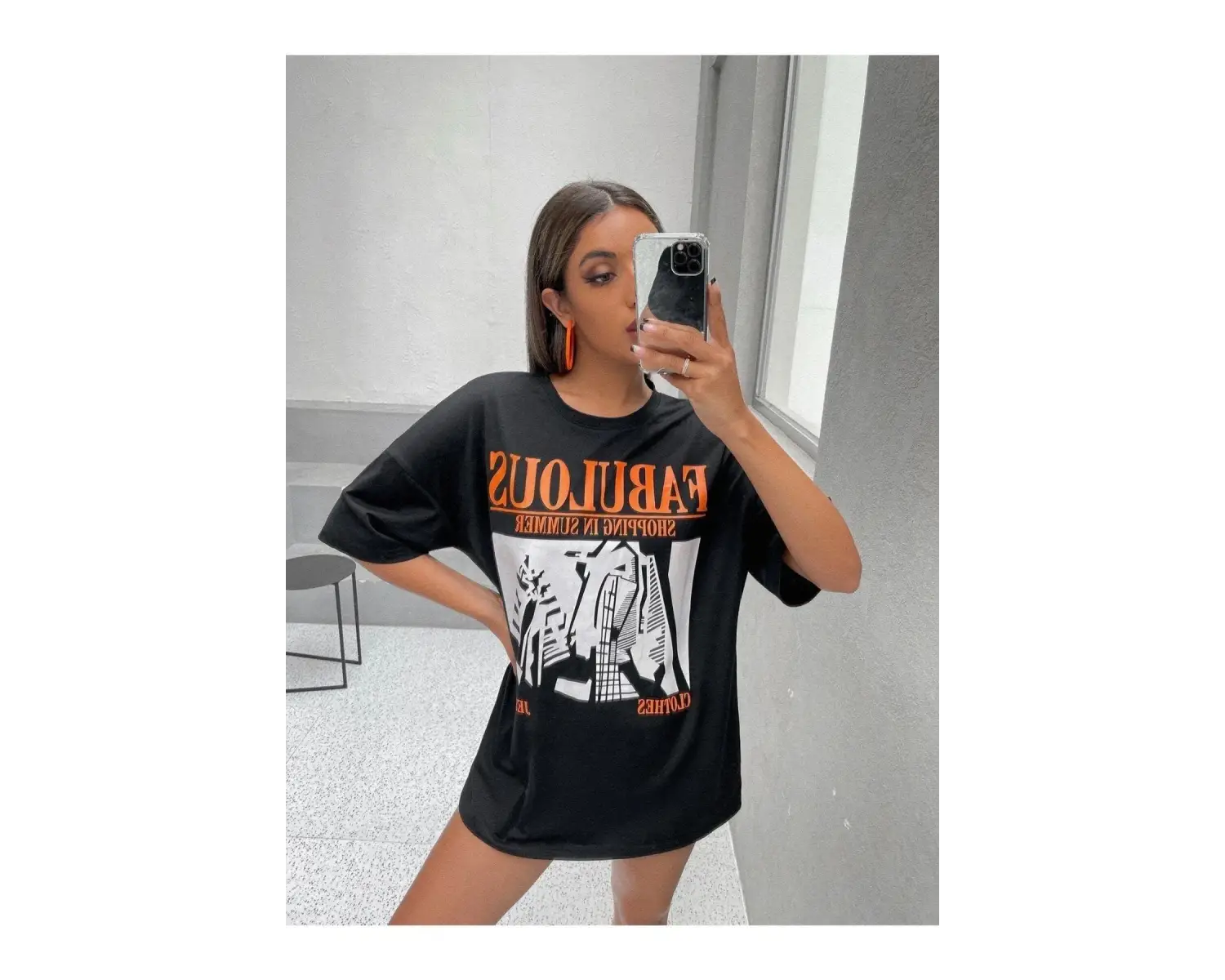 Kadın Siyah Fabulous Baskılı Oversize Bisiklet Yaka Tshirt