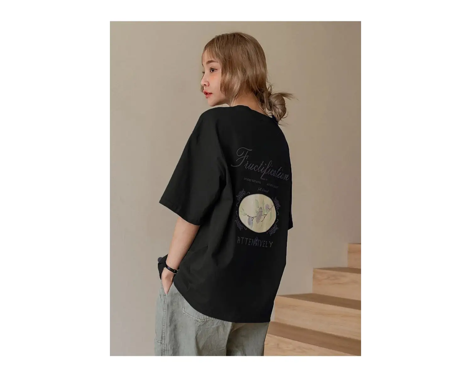 Kadın Siyah Fructification Baskılı Oversize T-shirt