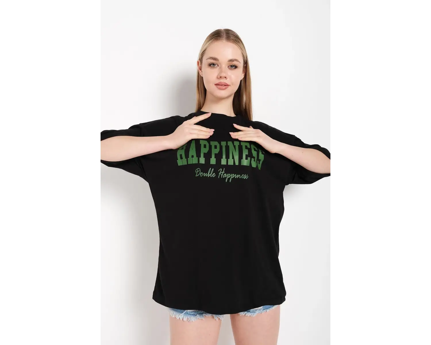 Kadın Siyah Happıness Baskılı Oversize Tshirt