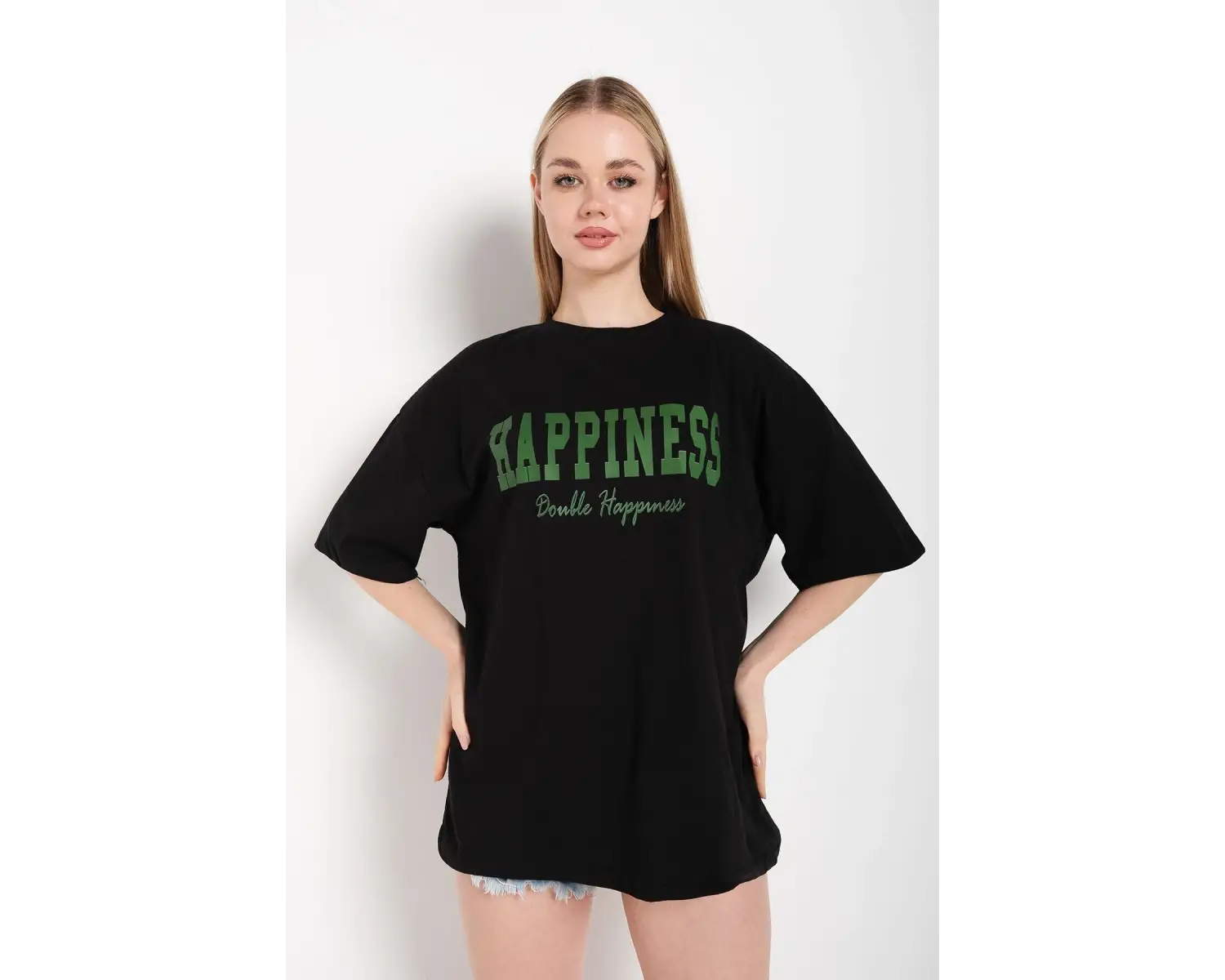Kadın Siyah Happıness Baskılı Oversize Tshirt