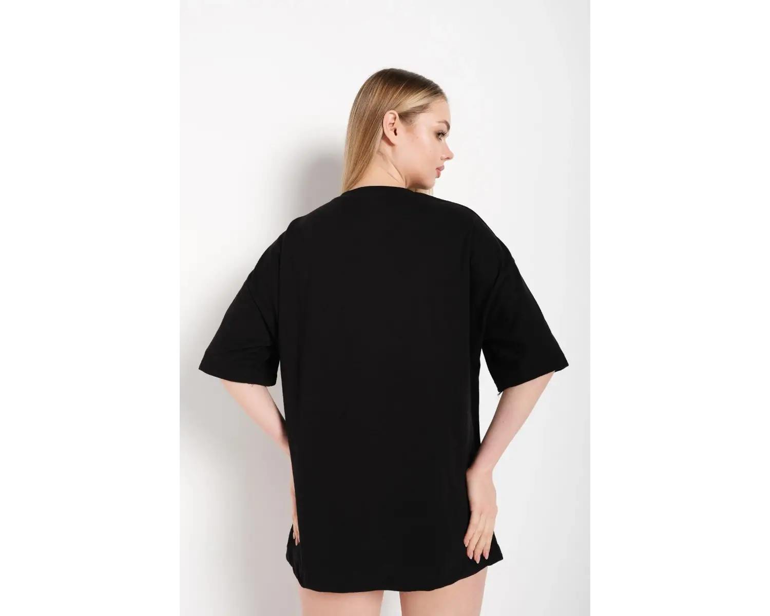 Kadın Siyah Happıness Baskılı Oversize Tshirt