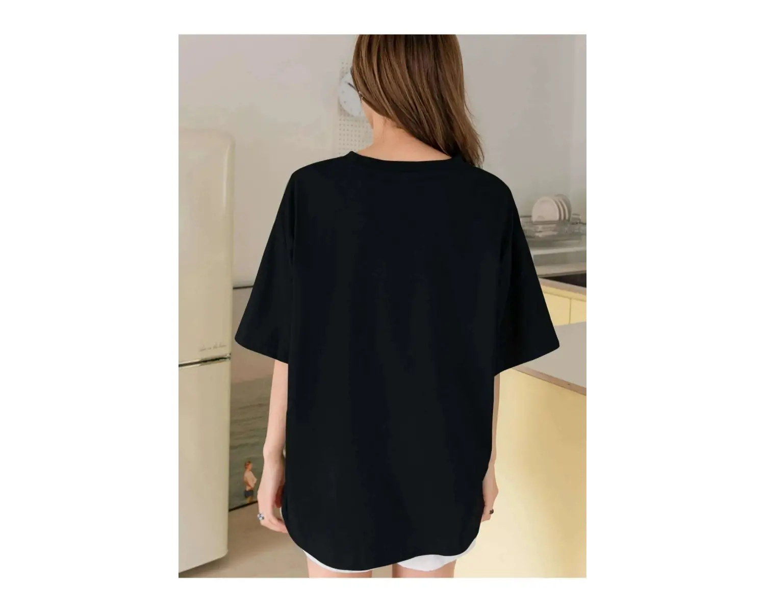 Kadın Siyah Holıday Baskılı Oversize Bisiklet Yaka Tshirt