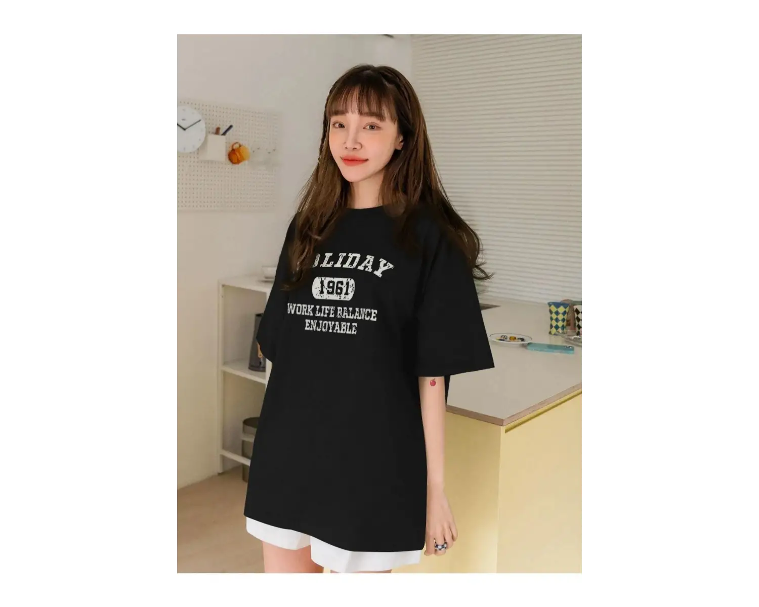 Kadın Siyah Holıday Baskılı Oversize Bisiklet Yaka Tshirt