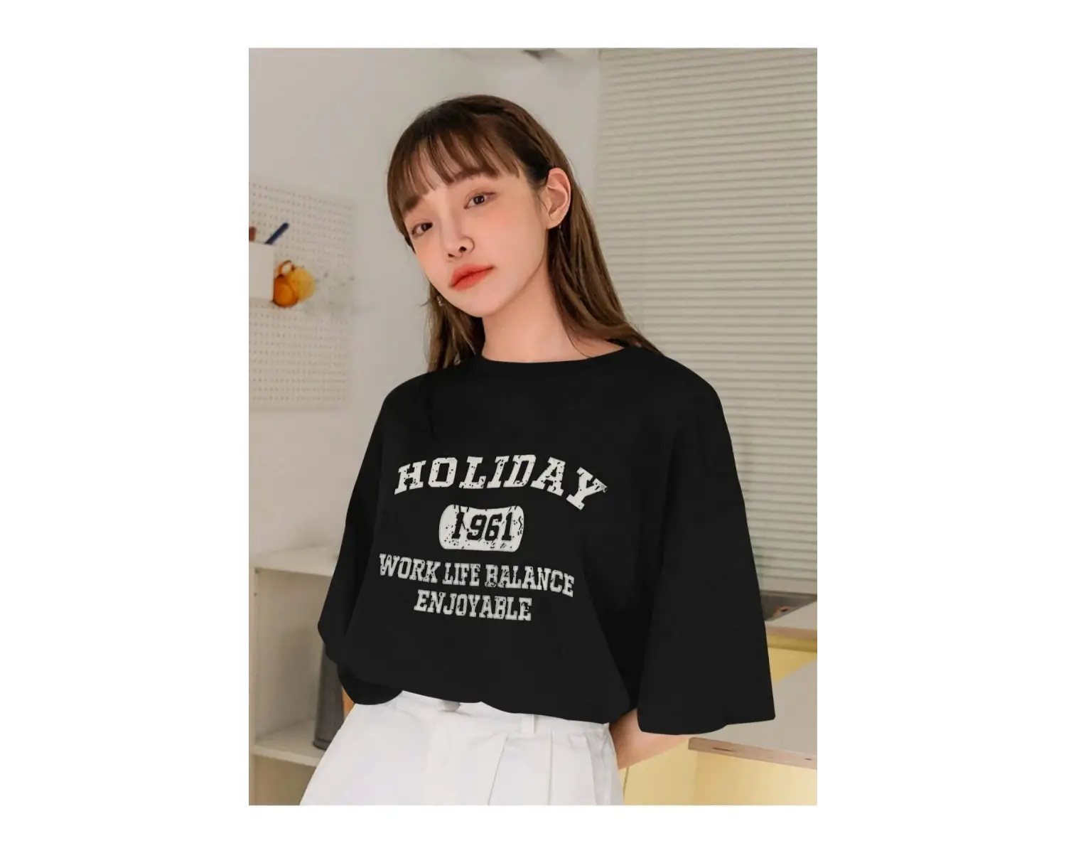 Kadın Siyah Holıday Baskılı Oversize Bisiklet Yaka Tshirt