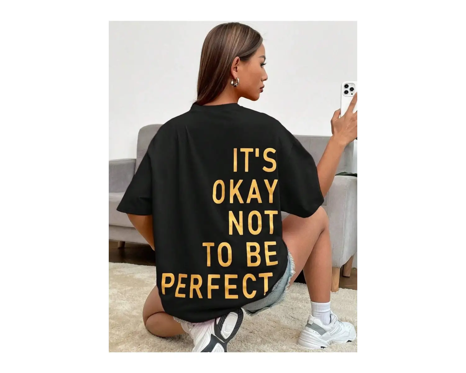 Kadın Siyah Its Okay Baskılı Oversize T-shirt