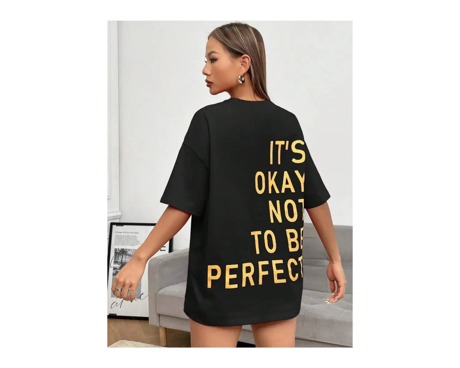 Kadın Siyah Its Okay Baskılı Oversize T-shirt