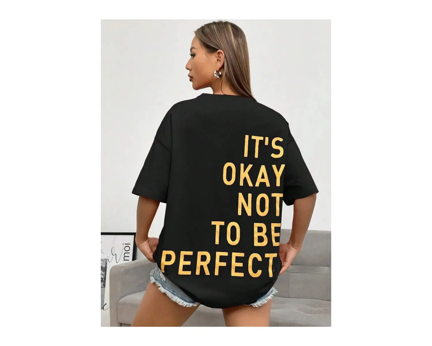 Kadın Siyah Its Okay Baskılı Oversize T-shirt