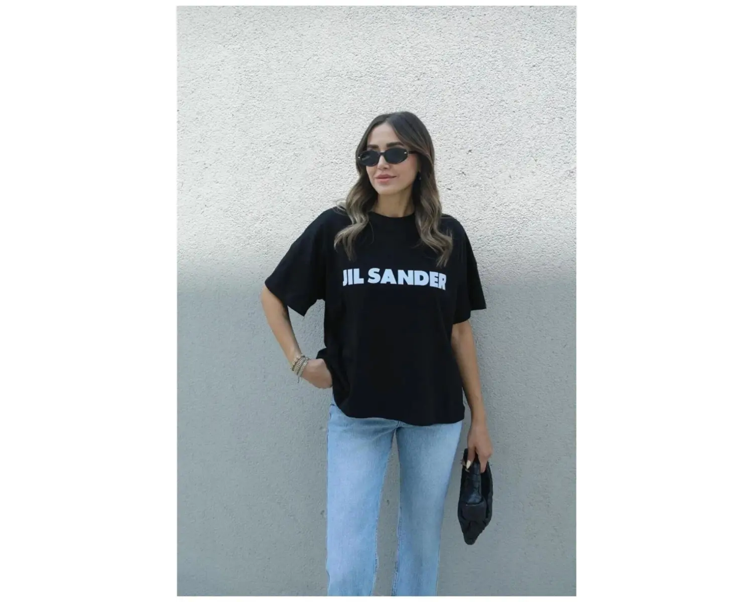 Kadın Siyah Jıl Sander Baskılı Oversize Bisiket Yaka Tişört