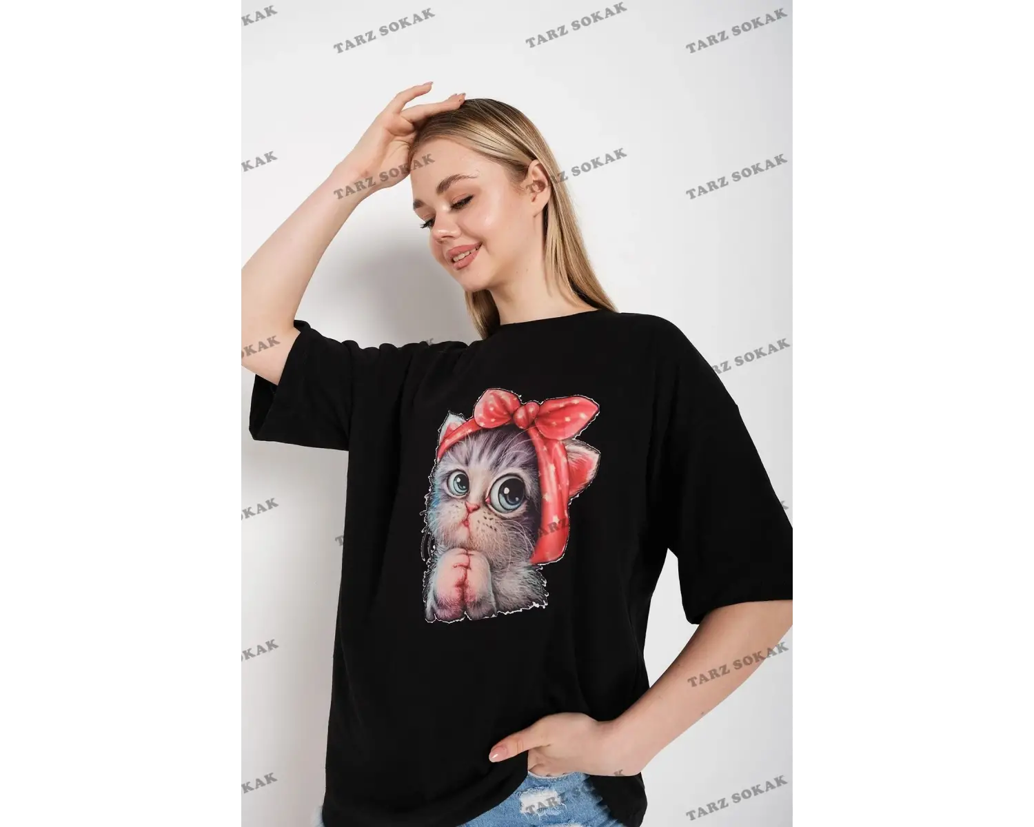 Kadın Siyah Kedi Baskılı Oversize