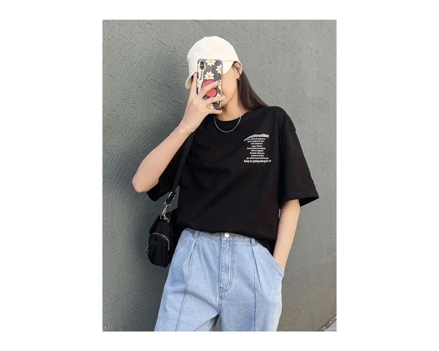 Kadın Siyah Nothing For Nothing Baskılı Oversize T-shirt