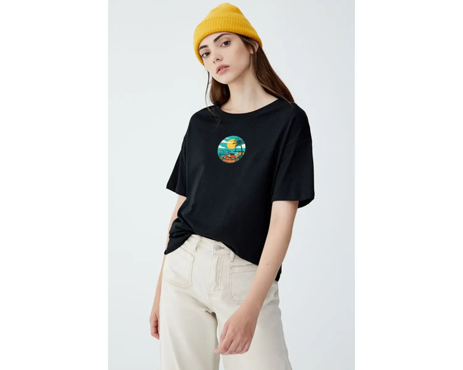 Kadın Siyah Önü Scooter Baskılı Bisiklet Yaka Oversize Pamuklu T-shirt