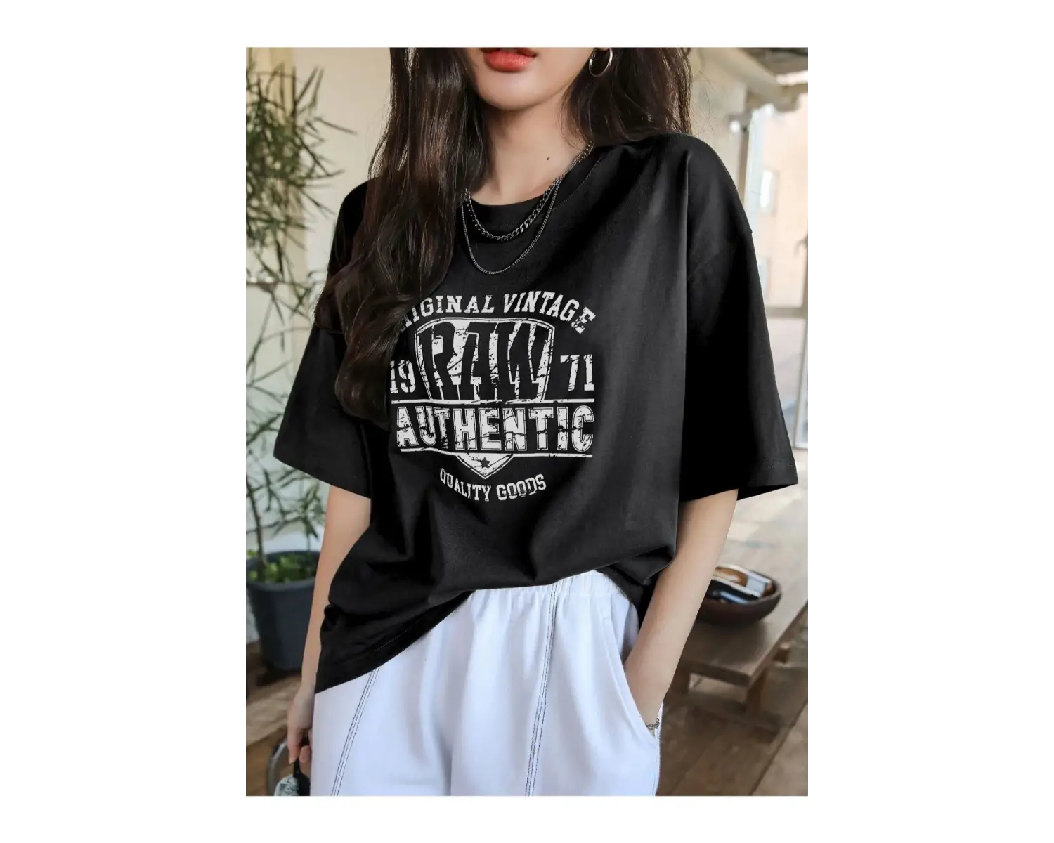 Kadın Siyah Original Vintage Raw Baskılı Oversize Bisiklet Yaka Tshirt