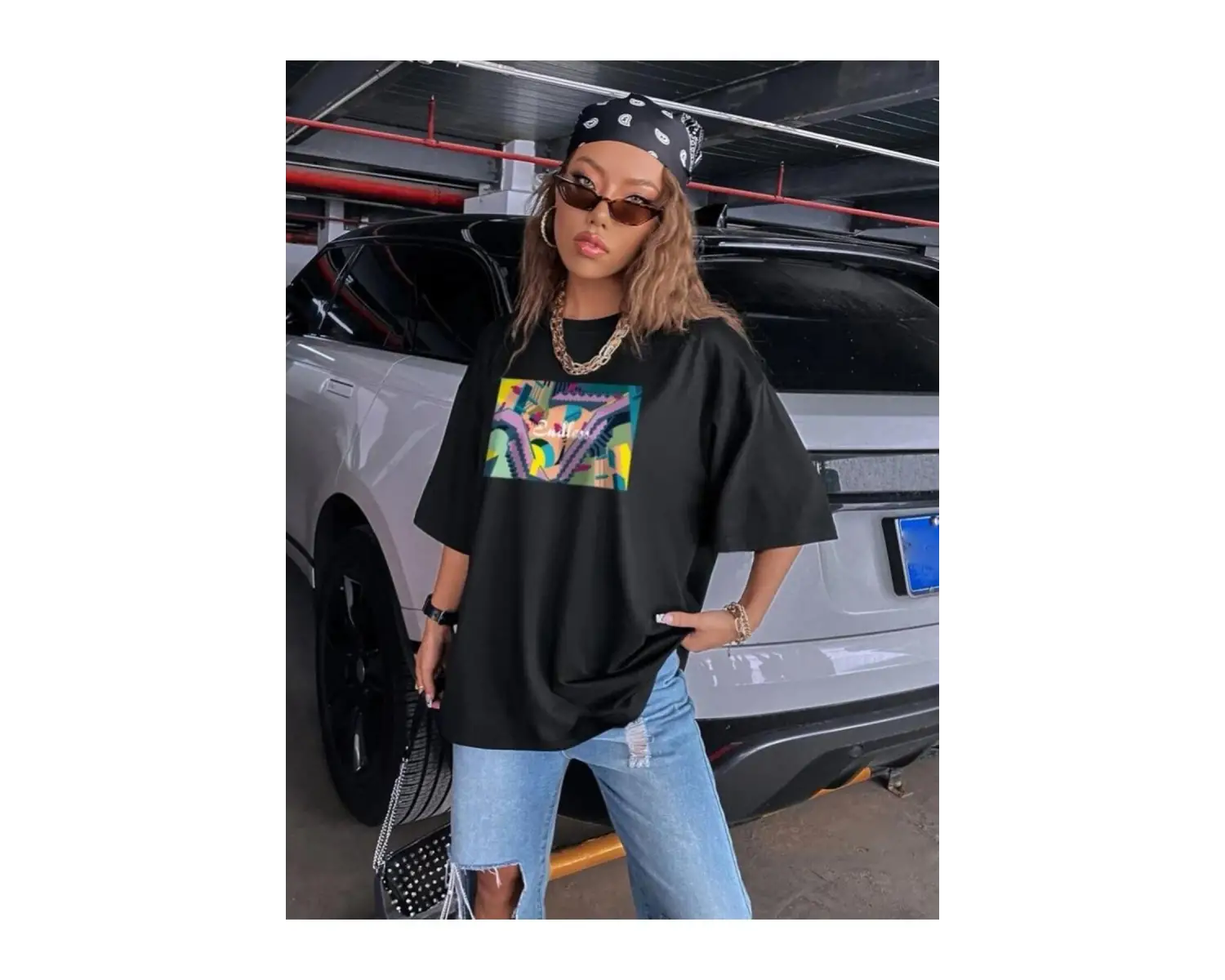 Kadın Siyah Oversize %100 Pamuk Endless Baskılı T-shirt