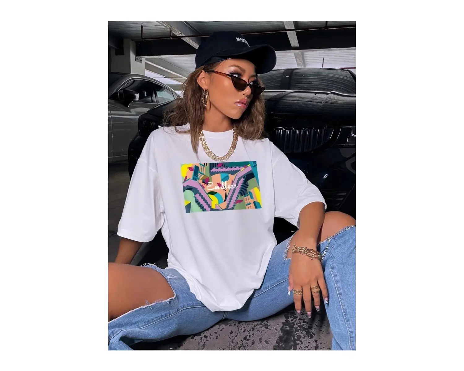 Kadın Siyah Oversize %100 Pamuk Endless Baskılı T-shirt