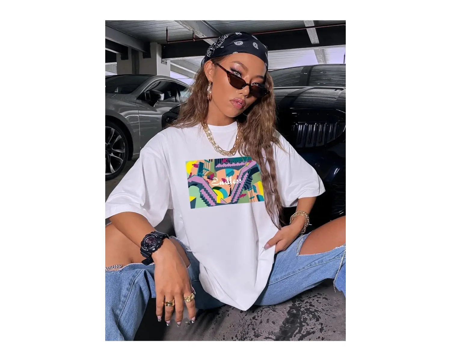 Kadın Siyah Oversize %100 Pamuk Endless Baskılı T-shirt