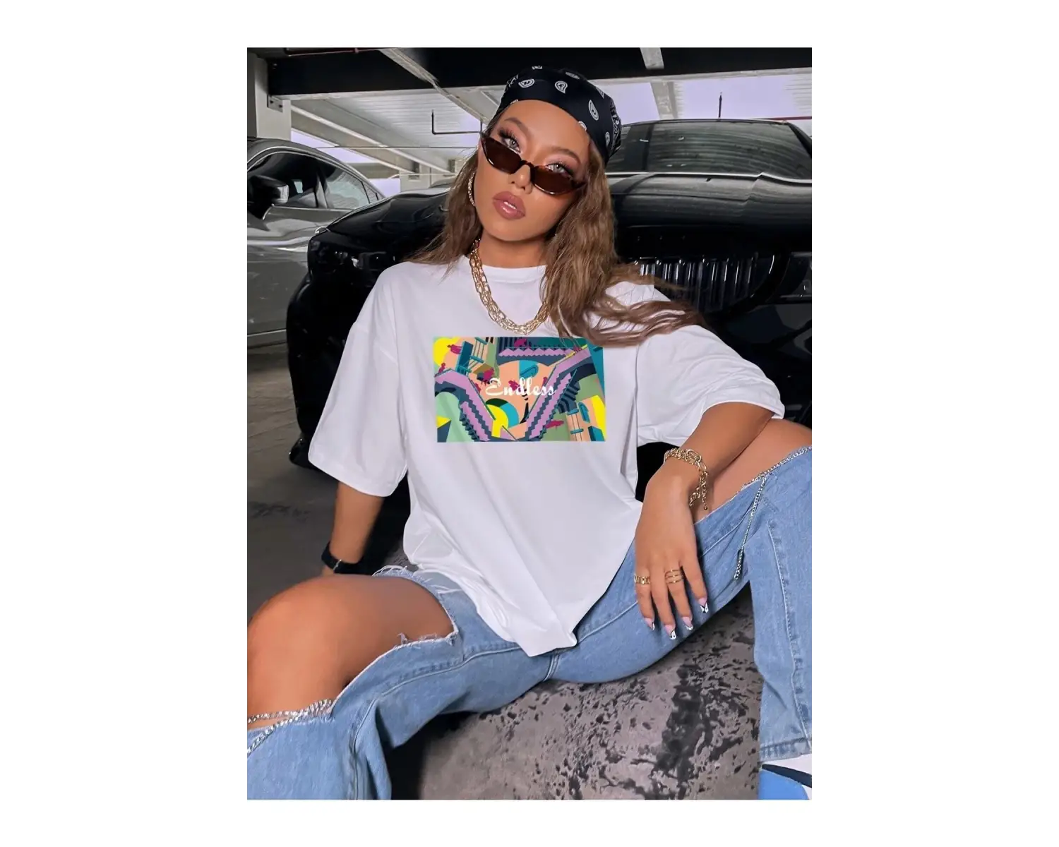 Kadın Siyah Oversize %100 Pamuk Endless Baskılı T-shirt