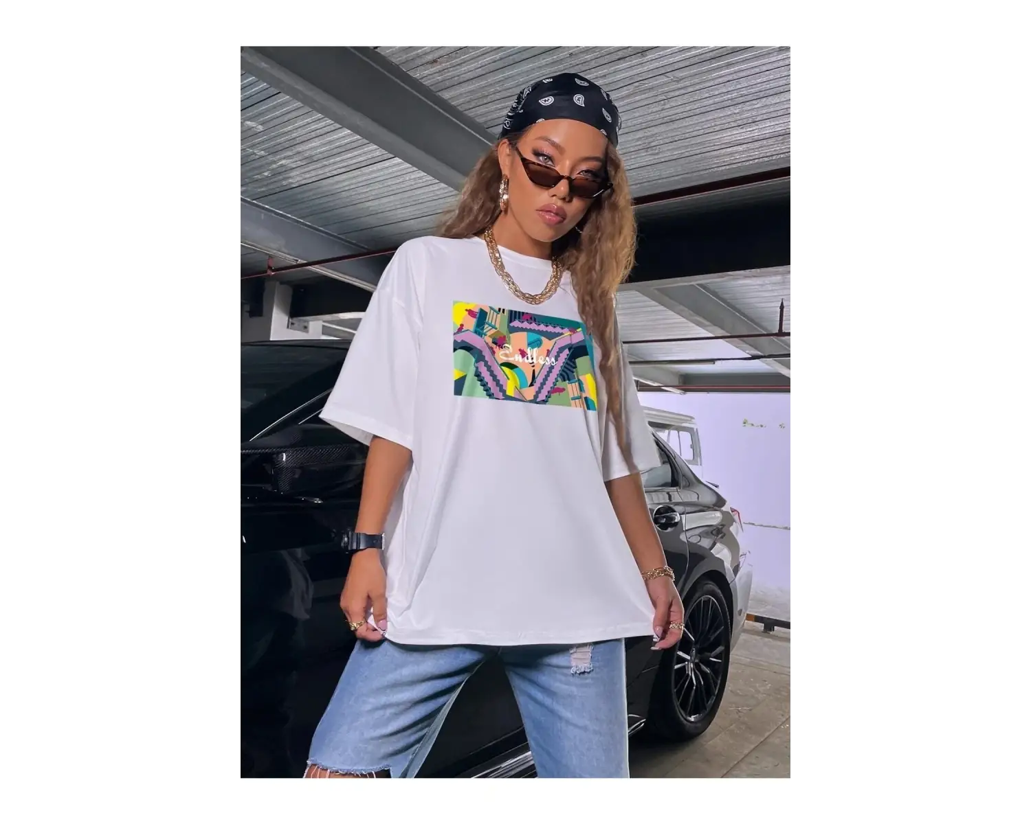 Kadın Siyah Oversize %100 Pamuk Endless Baskılı T-shirt