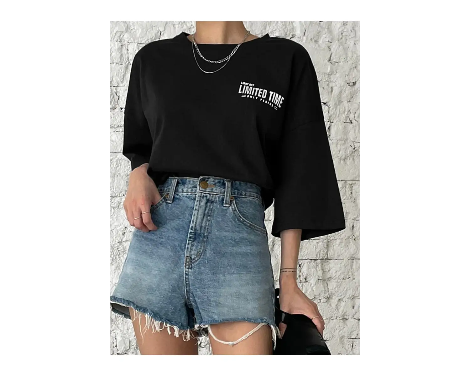 Kadın Siyah Oversize Limited Time Baskılı Tshirt