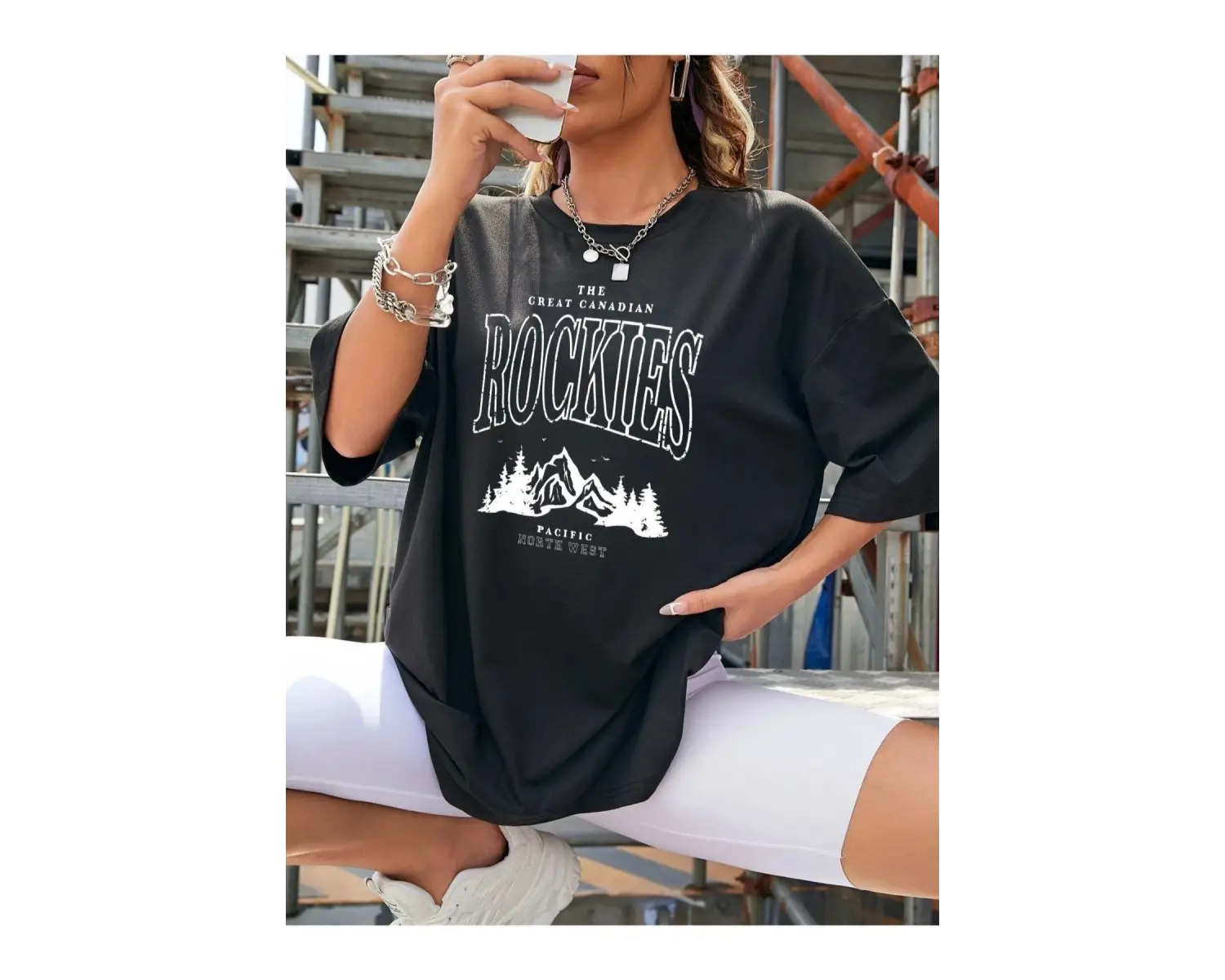 Kadın Siyah Rockıes Baskılı Oversize Bisiklet Yaka Tshirt