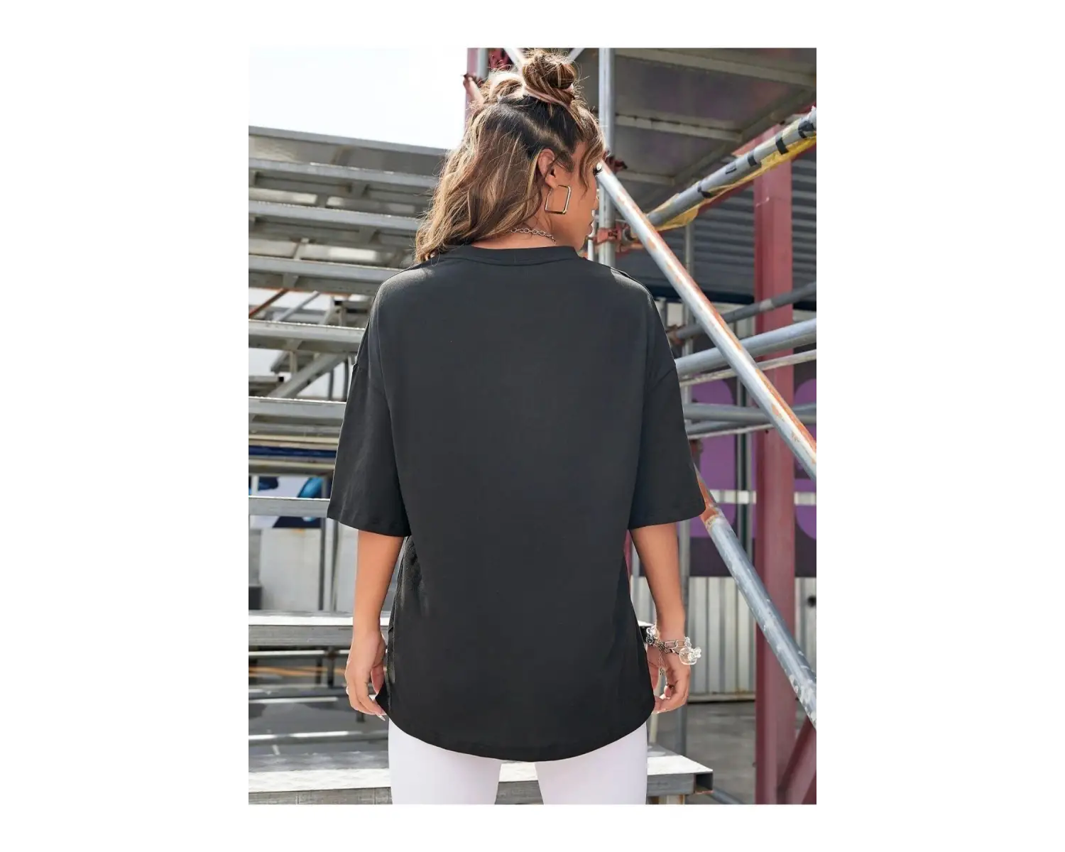 Kadın Siyah Rockıes Baskılı Oversize Bisiklet Yaka Tshirt