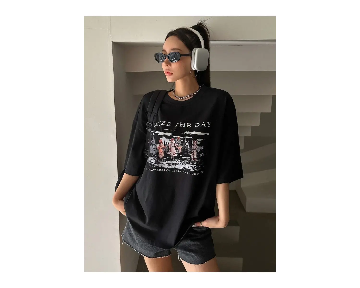 Kadın Siyah Seize The Day Baskılı Oversize T-shirt