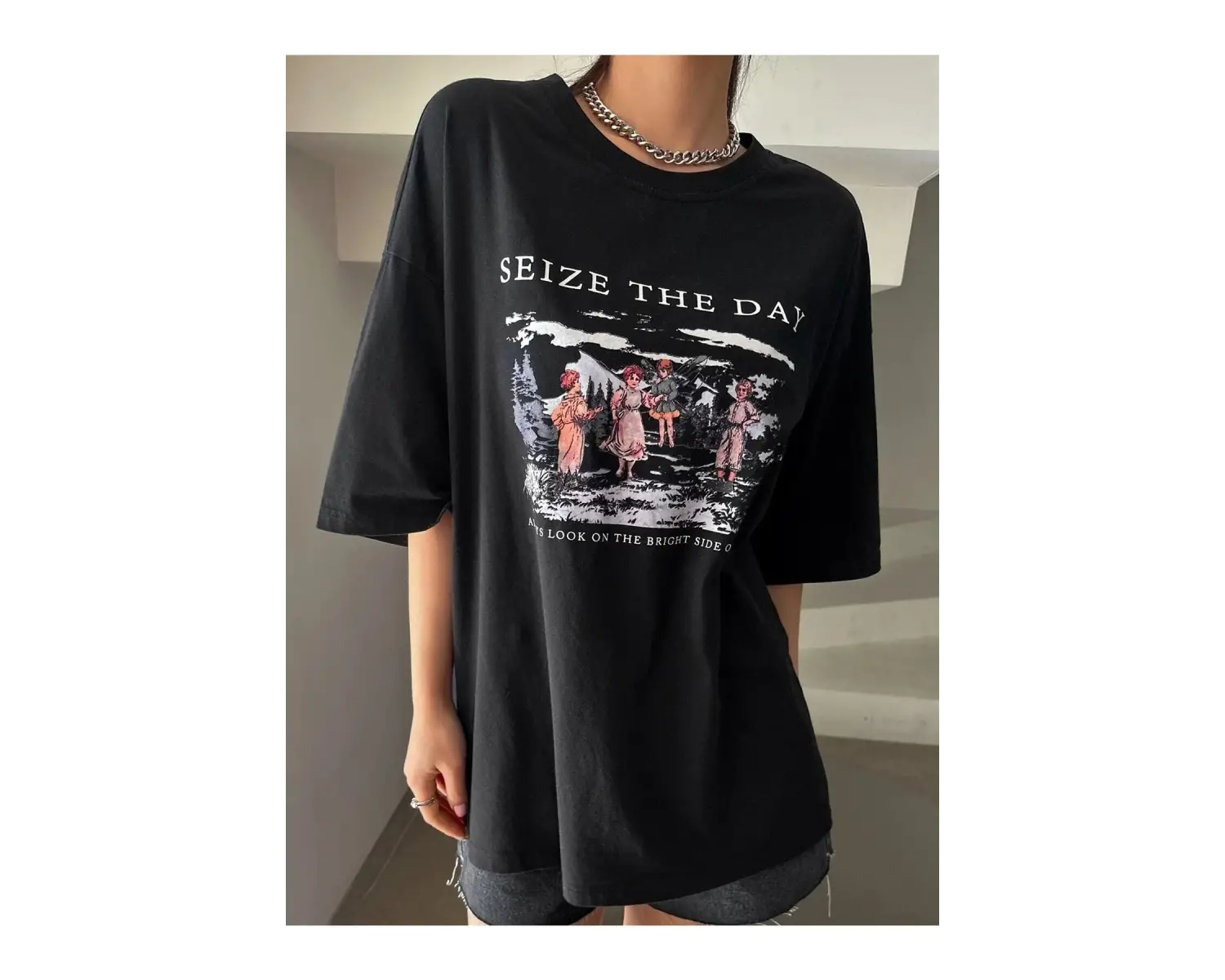 Kadın Siyah Seize The Day Baskılı Oversize T-shirt