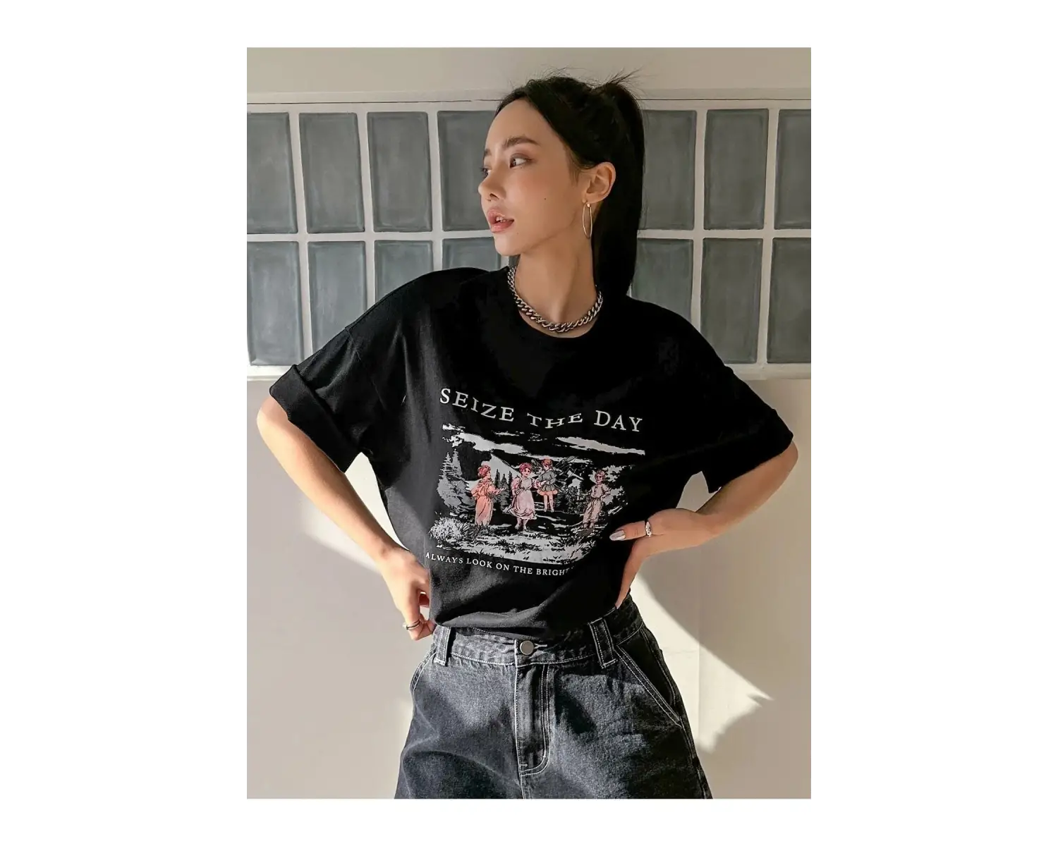 Kadın Siyah Seize The Day Baskılı Oversize T-shirt