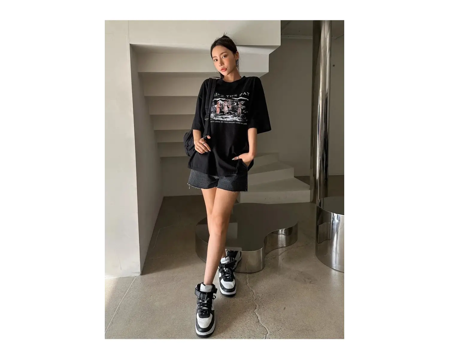 Kadın Siyah Seize The Day Baskılı Oversize T-shirt