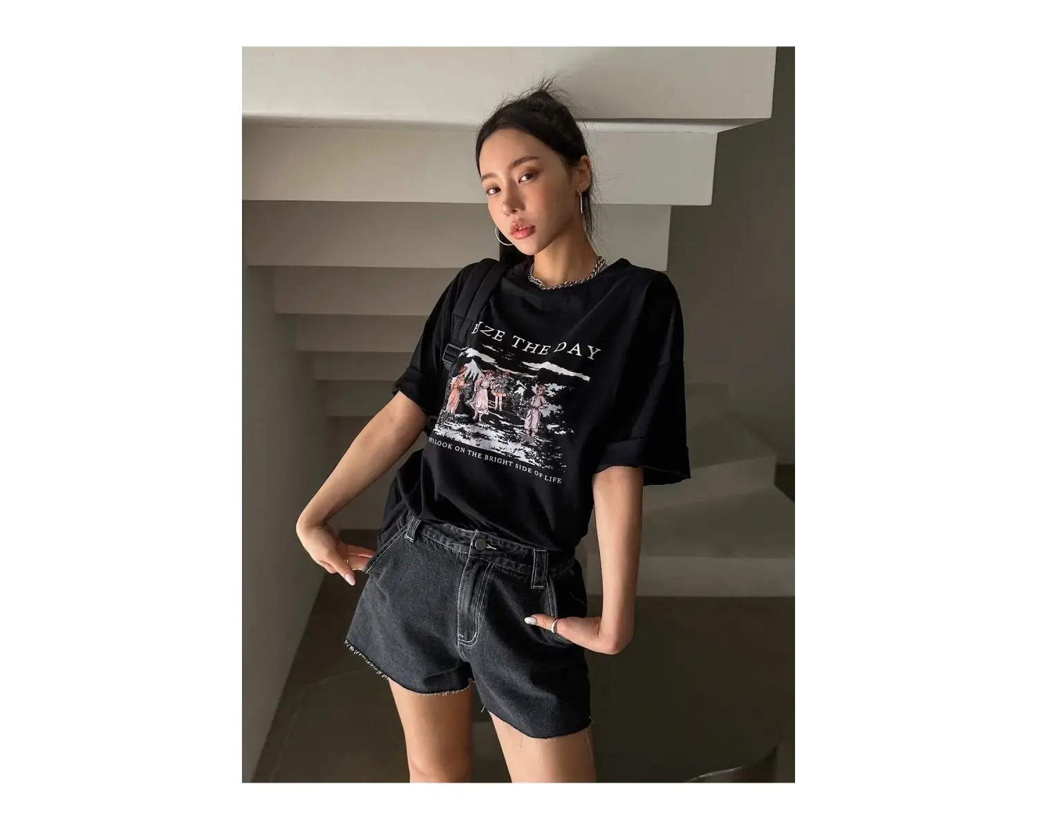 Kadın Siyah Seize The Day Baskılı Oversize T-shirt